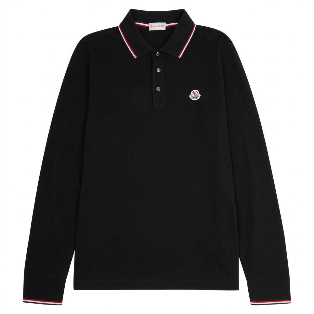 Moncler Men's Long Sleeve Contrast Trim Logo Patch Polo Shirt
