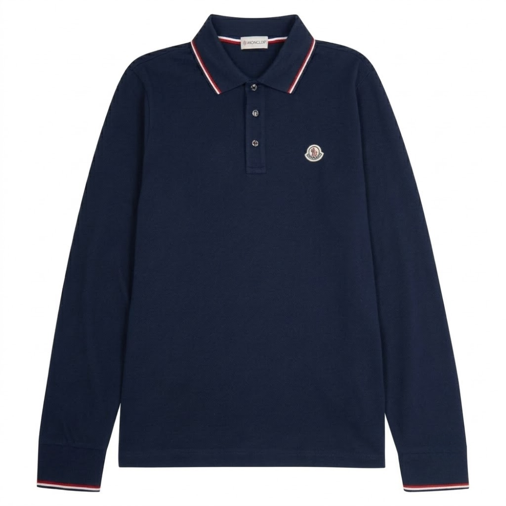 Moncler Men's Long Sleeve Contrast Trim Logo Patch Polo Shirt