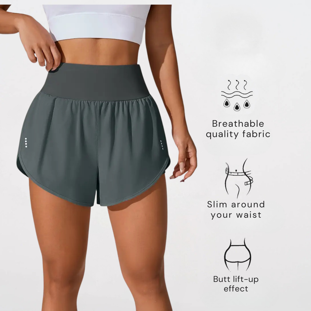 Women’s 2 in 1 Running Shorts with Pockets – Elastic Waist Workout Shorts