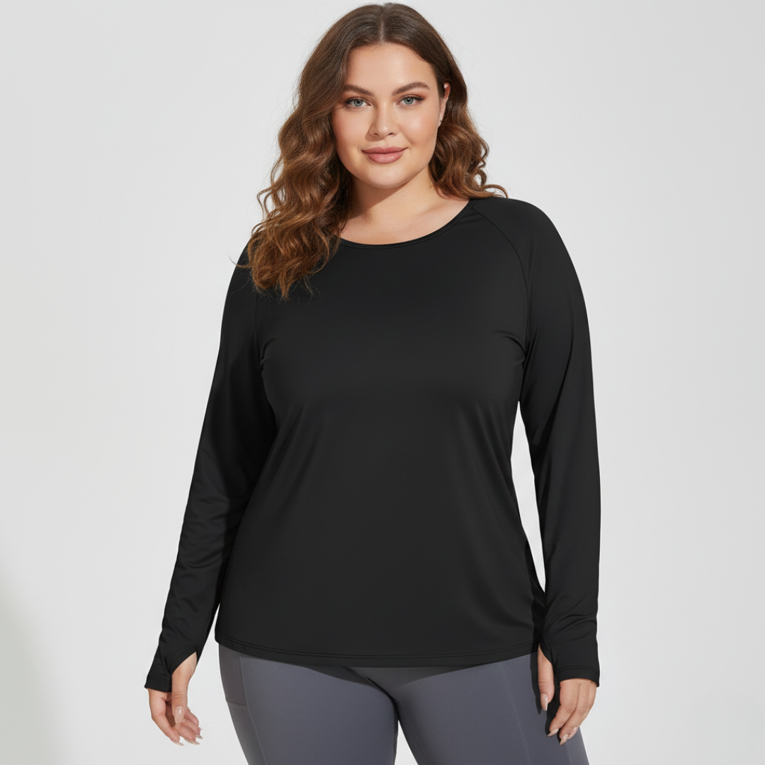 Plus Size Long Sleeve Workout Top for Women – Round Neck Gym Top with Thumb Holes