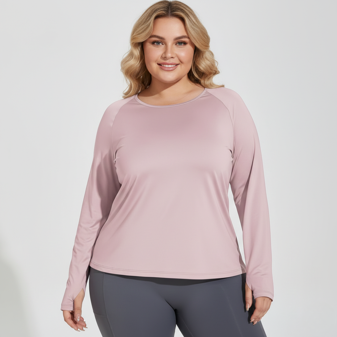 Plus Size Long Sleeve Workout Top for Women – Round Neck Gym Top with Thumb Holes