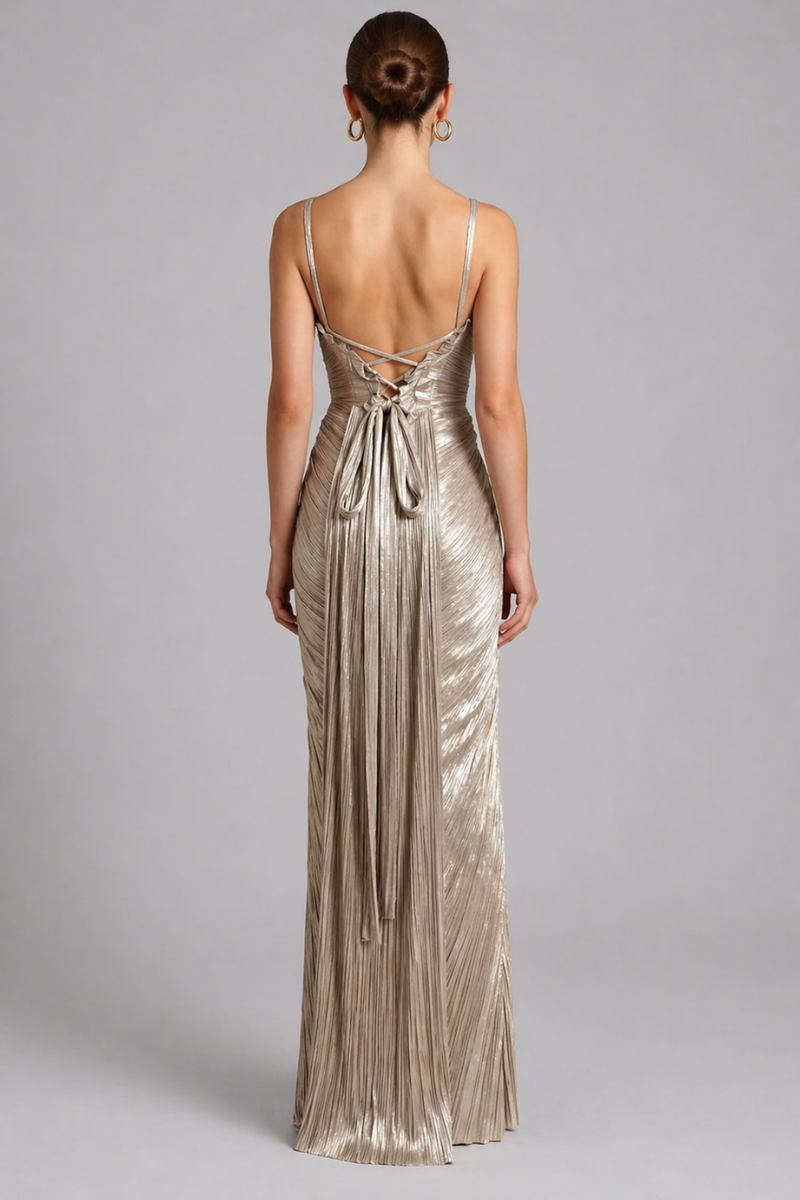 Women's Pleated Corset Maxi Dress - Formal Evening Full Length Dress