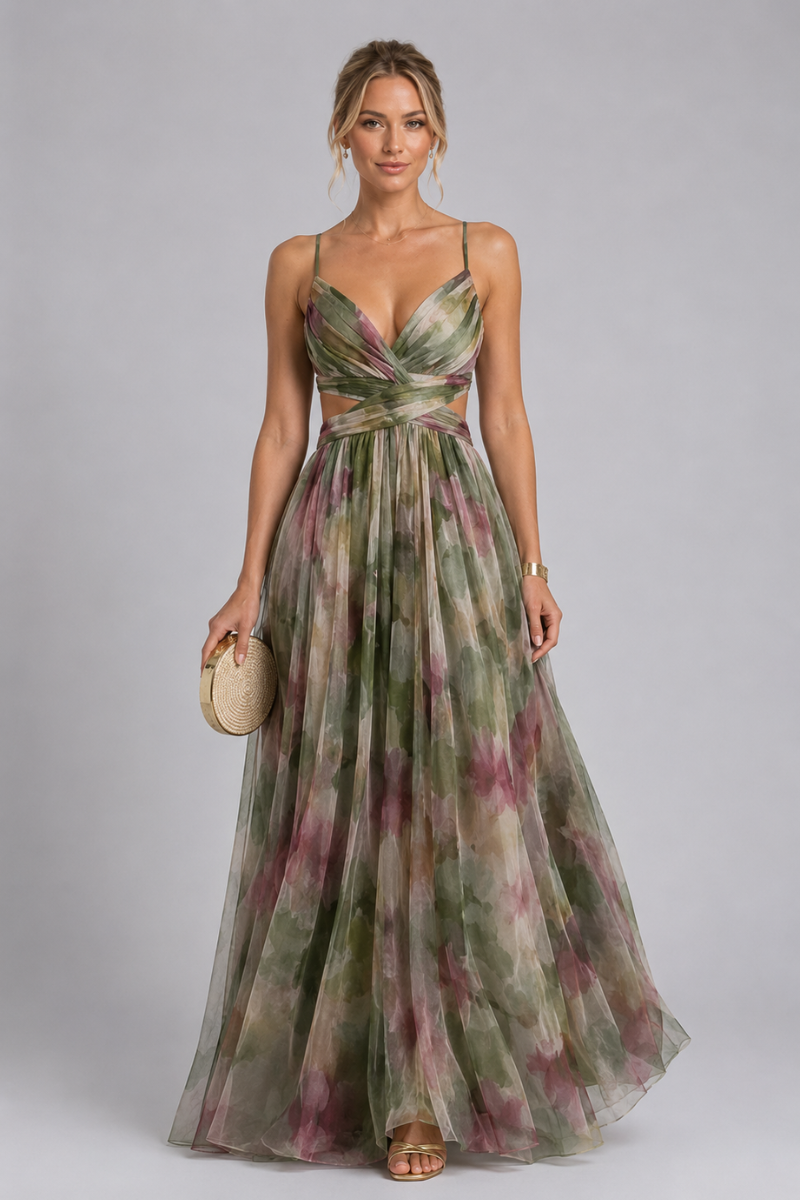 Women's Floral V Neck Cut Out Maxi Dress – Elegant Summer Occasion Dress