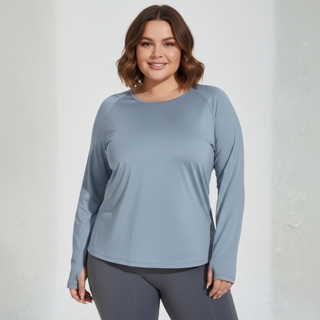 Plus Size Long Sleeve Workout Top for Women – Round Neck Gym Top with Thumb Holes