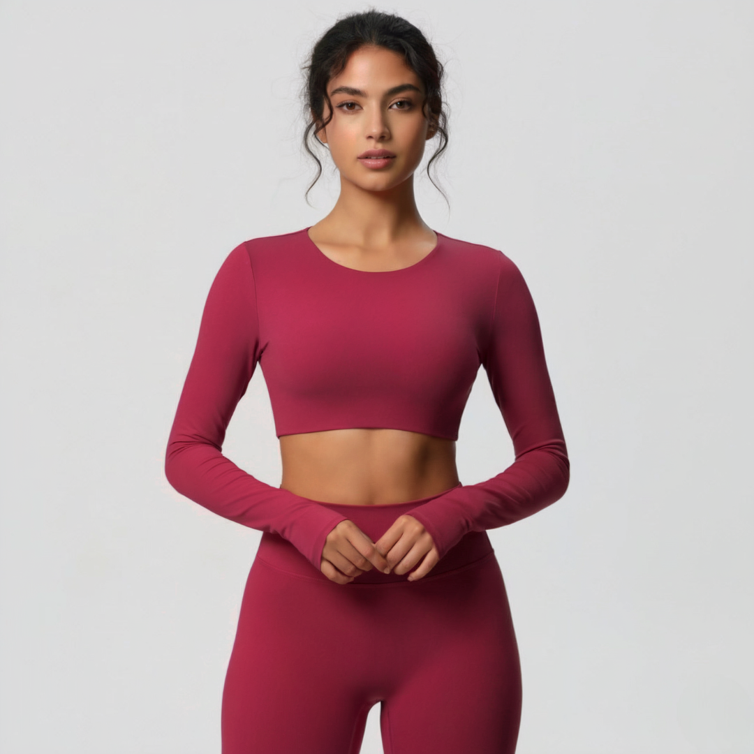Long Sleeve Workout Crop Top for Women – Stretch Gym Top with Fitted Design