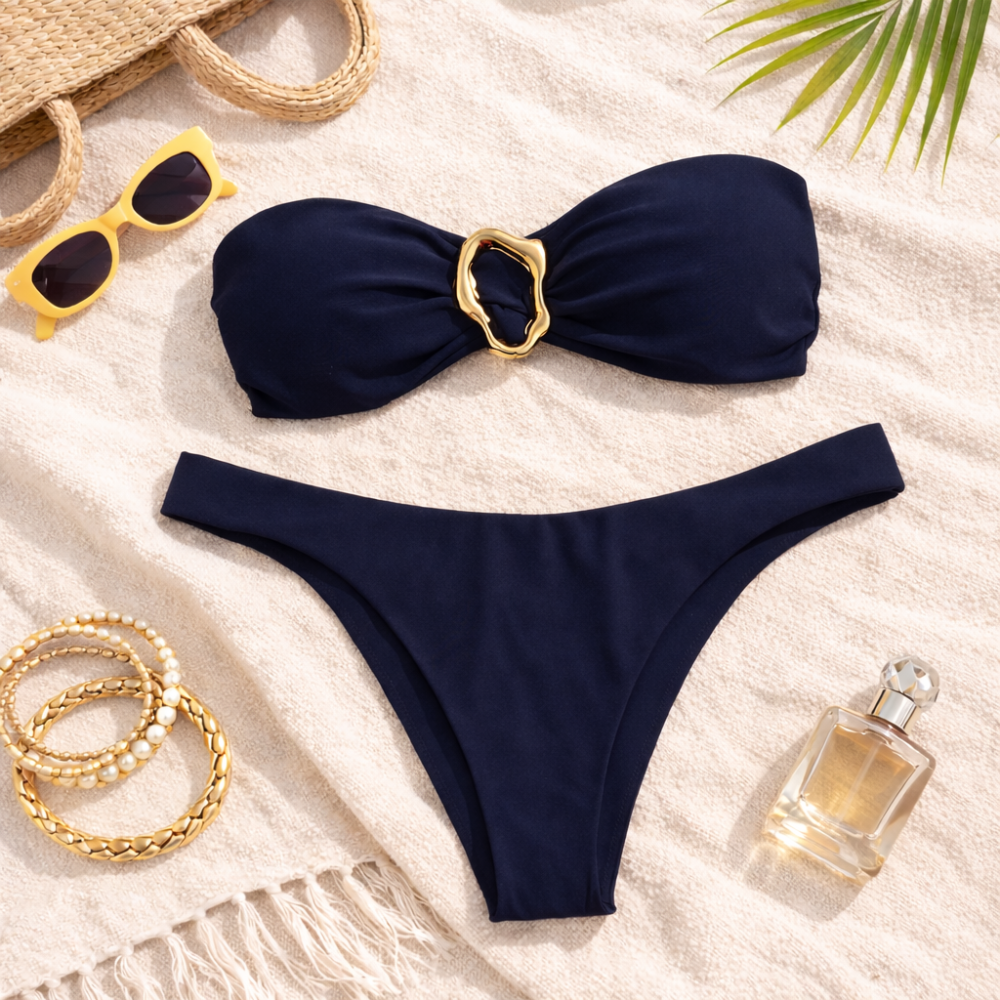Bandeau Bikini Set for Women – Strapless Underwire Thong Two Piece Swimwear with Tropical Print