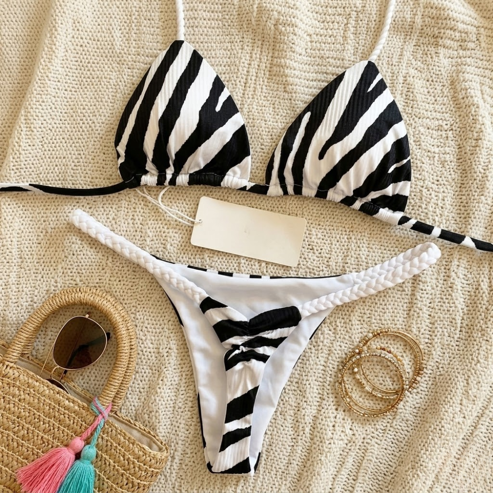 Printed Bikini Set for Women – Padded Thong Two Piece Swimwear with Straps