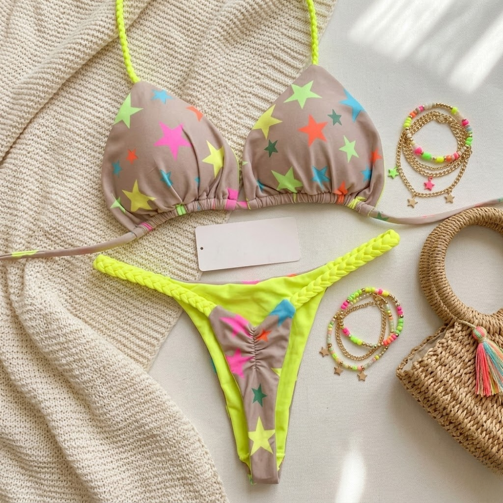 Printed Bikini Set for Women – Padded Thong Two Piece Swimwear with Straps