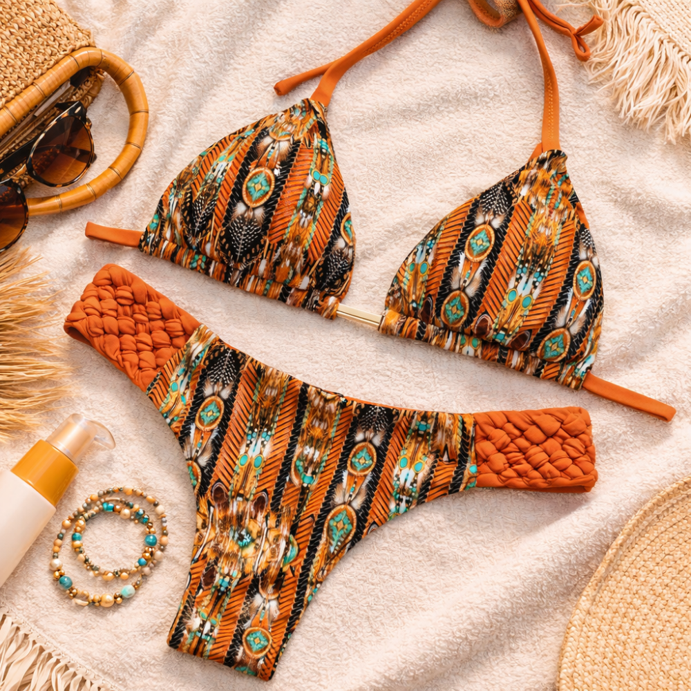 Printed Bikini Set for Women – Backless Two Piece Swimwear with Straps