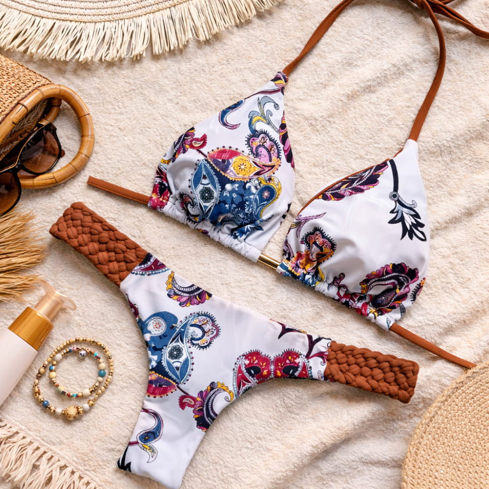 Printed Bikini Set for Women – Backless Two Piece Swimwear with Straps