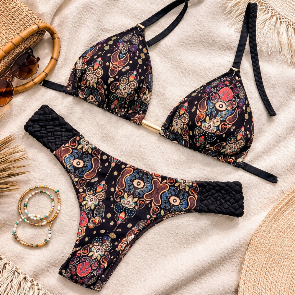 Printed Bikini Set for Women – Backless Two Piece Swimwear with Straps