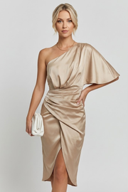 One Shoulder Satin Maxi Dress for Women – Pleated Evening Party Dress