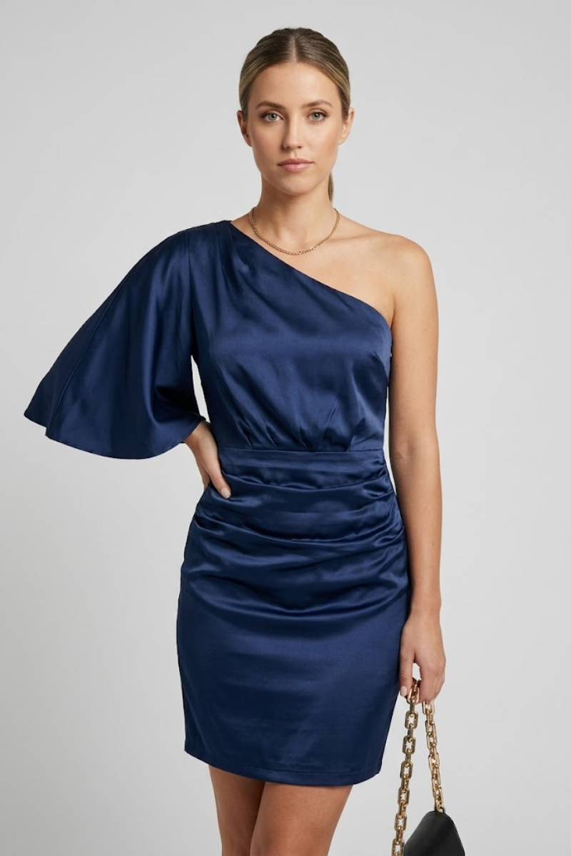 One Shoulder Satin Maxi Dress for Women – Pleated Evening Party Dress
