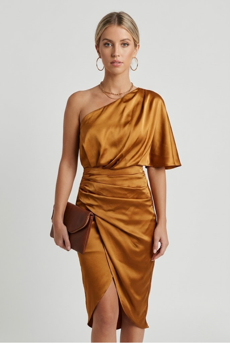 One Shoulder Satin Maxi Dress for Women – Pleated Evening Party Dress