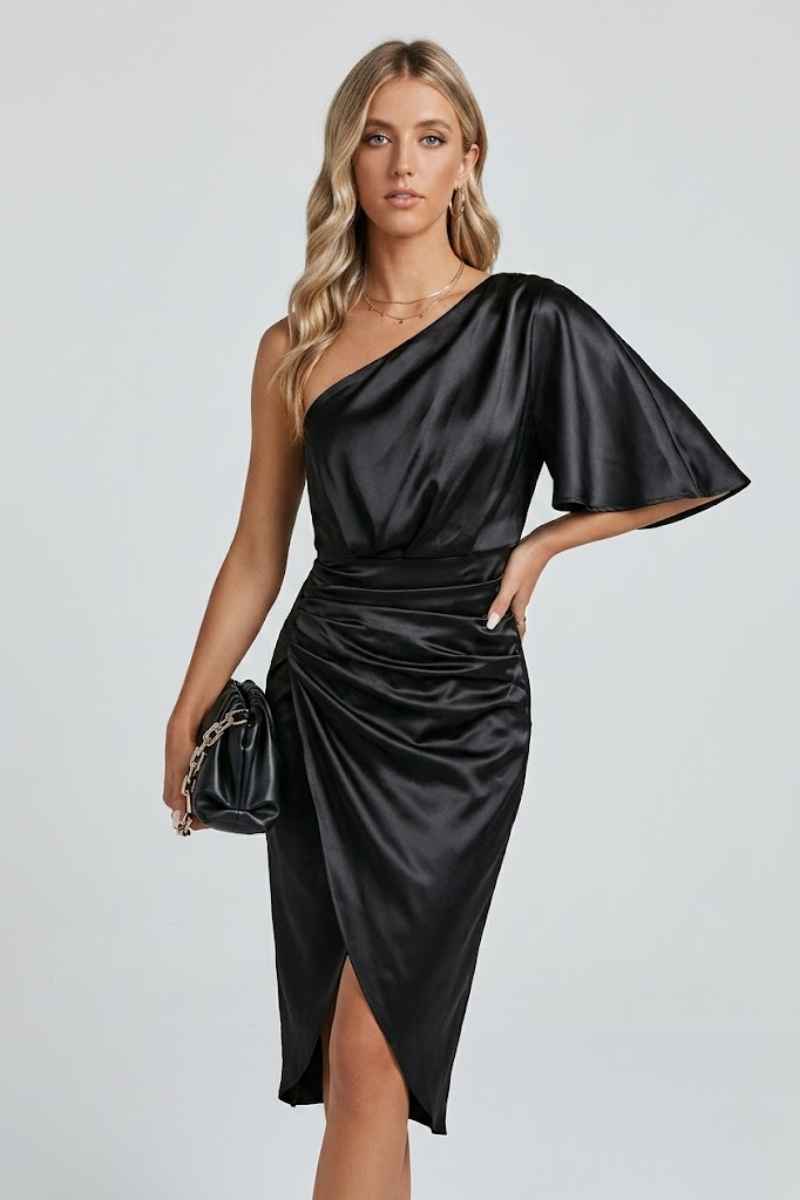 One Shoulder Satin Maxi Dress for Women – Pleated Evening Party Dress