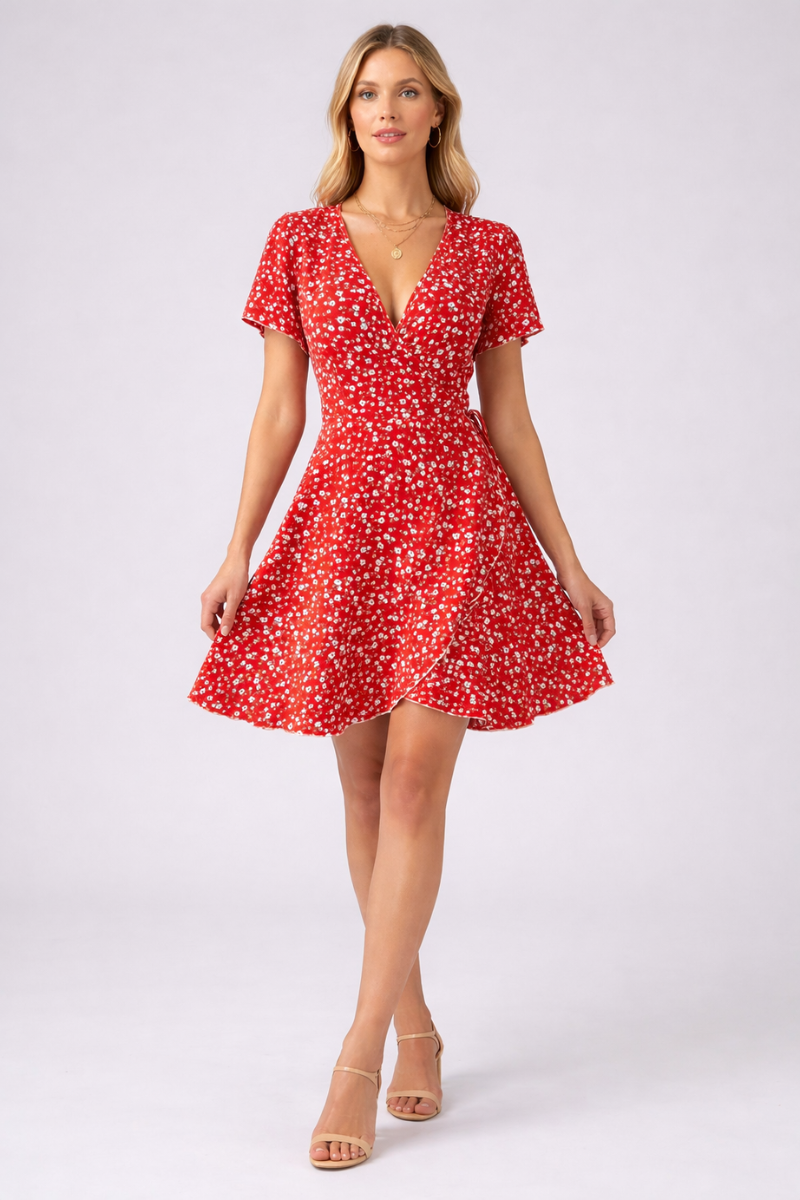 Boho Print A-Line Mini Dress for Women – V Neck Short Sleeve Summer Dress