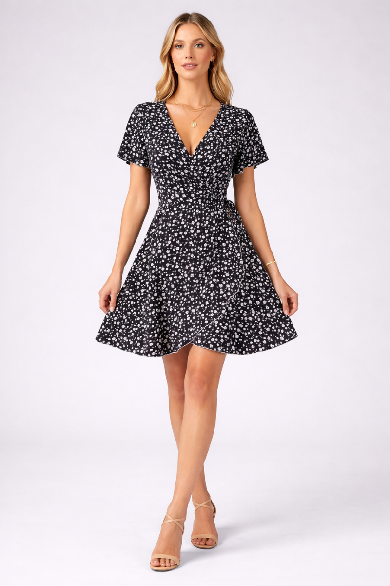 Boho Print A-Line Mini Dress for Women – V Neck Short Sleeve Summer Dress