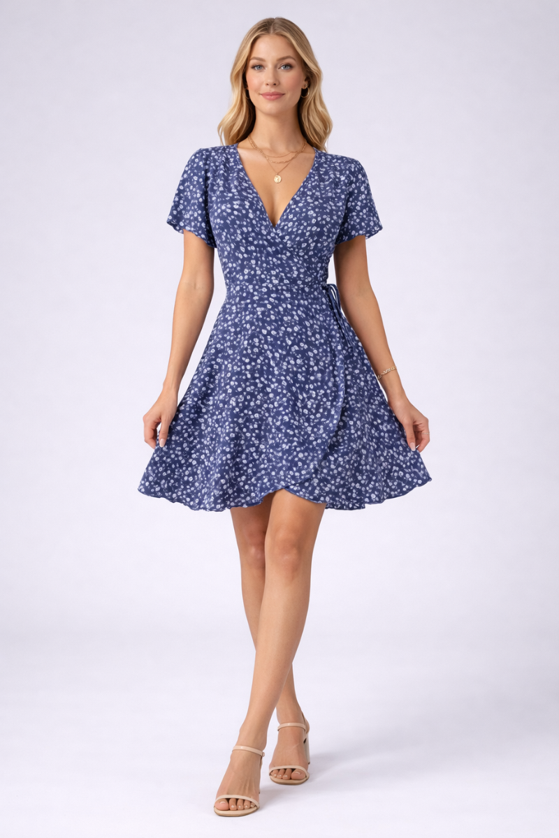 Boho Print A-Line Mini Dress for Women – V Neck Short Sleeve Summer Dress