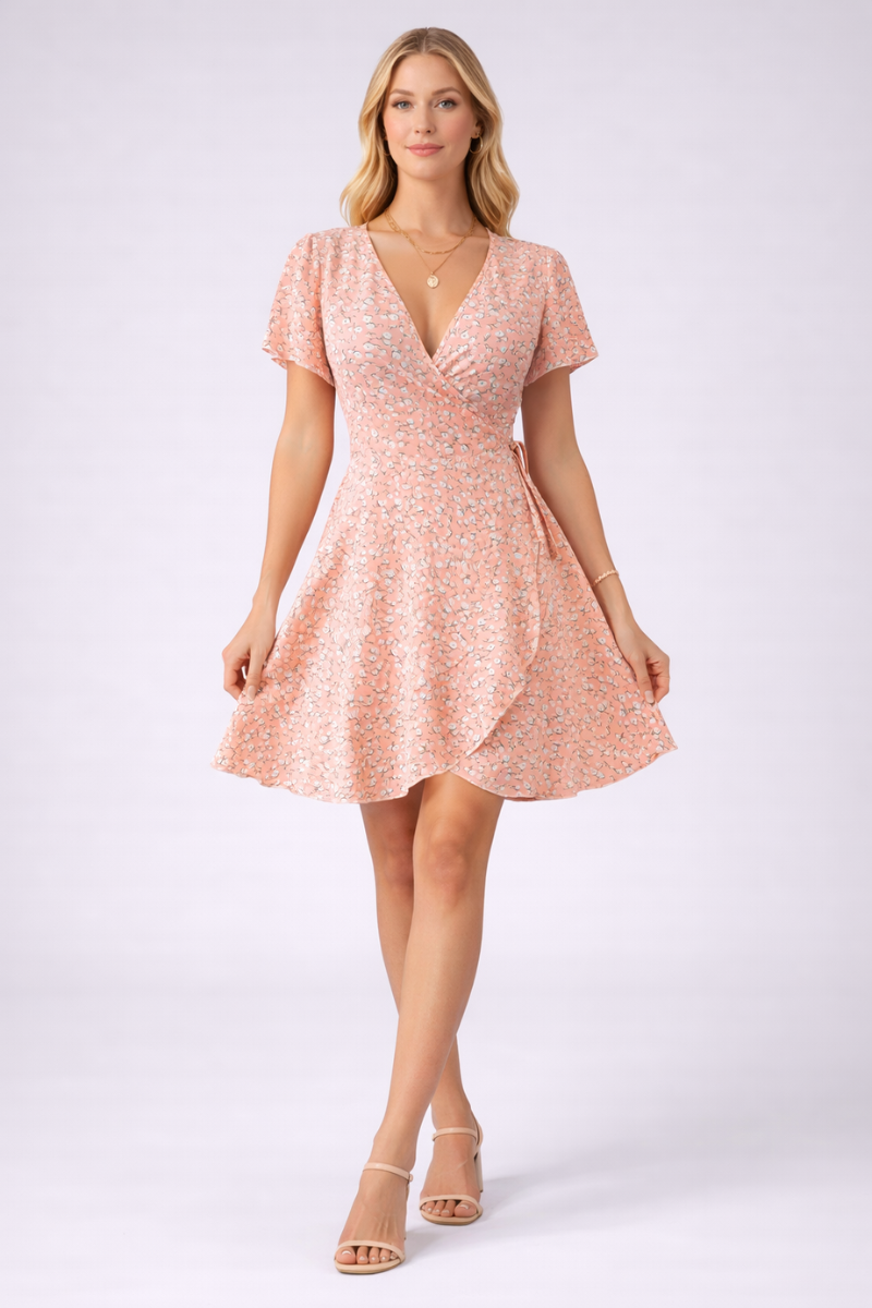 Boho Print A-Line Mini Dress for Women – V Neck Short Sleeve Summer Dress