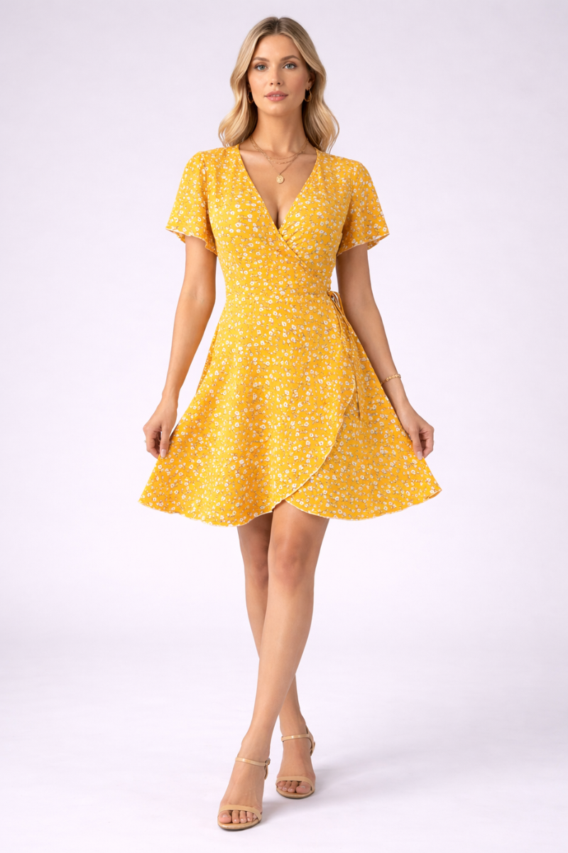 Boho Print A-Line Mini Dress for Women – V Neck Short Sleeve Summer Dress
