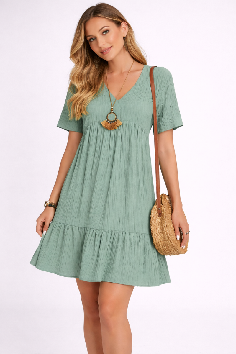 Casual V Neck Mini Dress for Women – Short Sleeve Ruffle Summer Dress