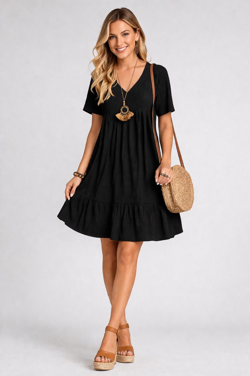 Casual V Neck Mini Dress for Women – Short Sleeve Ruffle Summer Dress