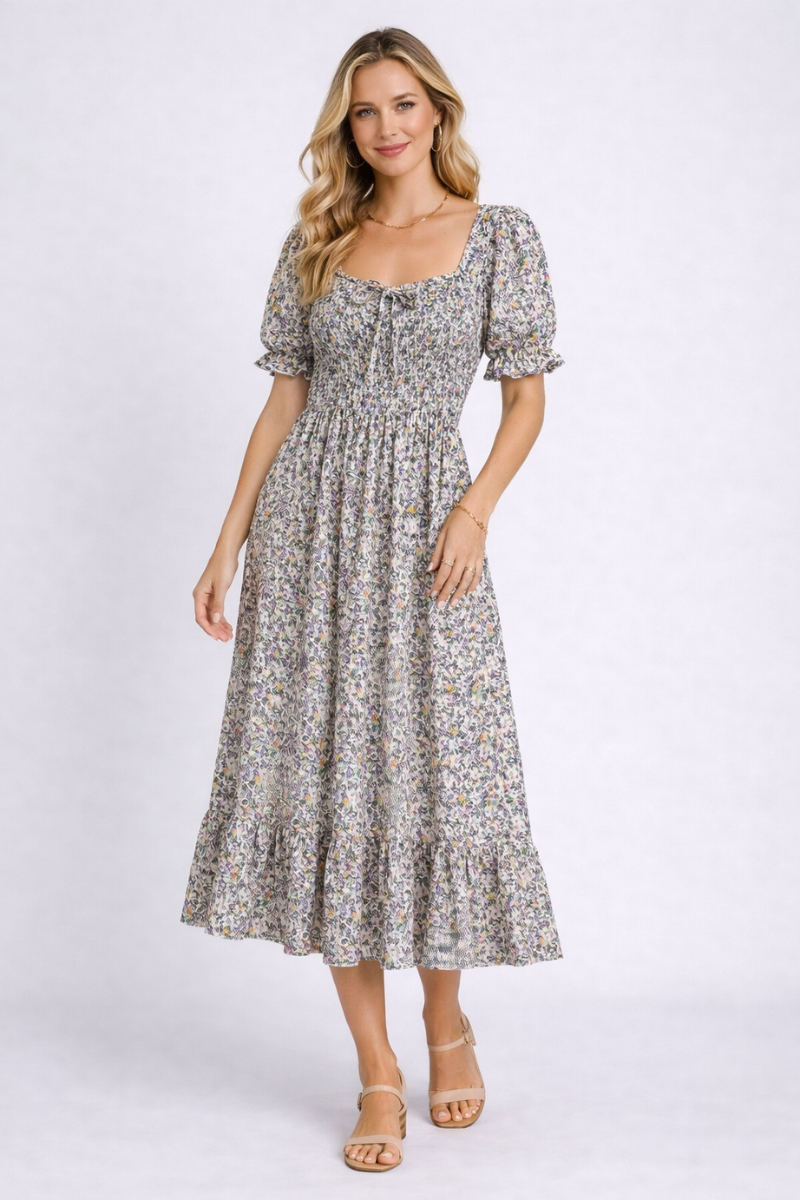 Chiffon A-Line Summer Dress for Women – Short Sleeve Pleated Casual Dress