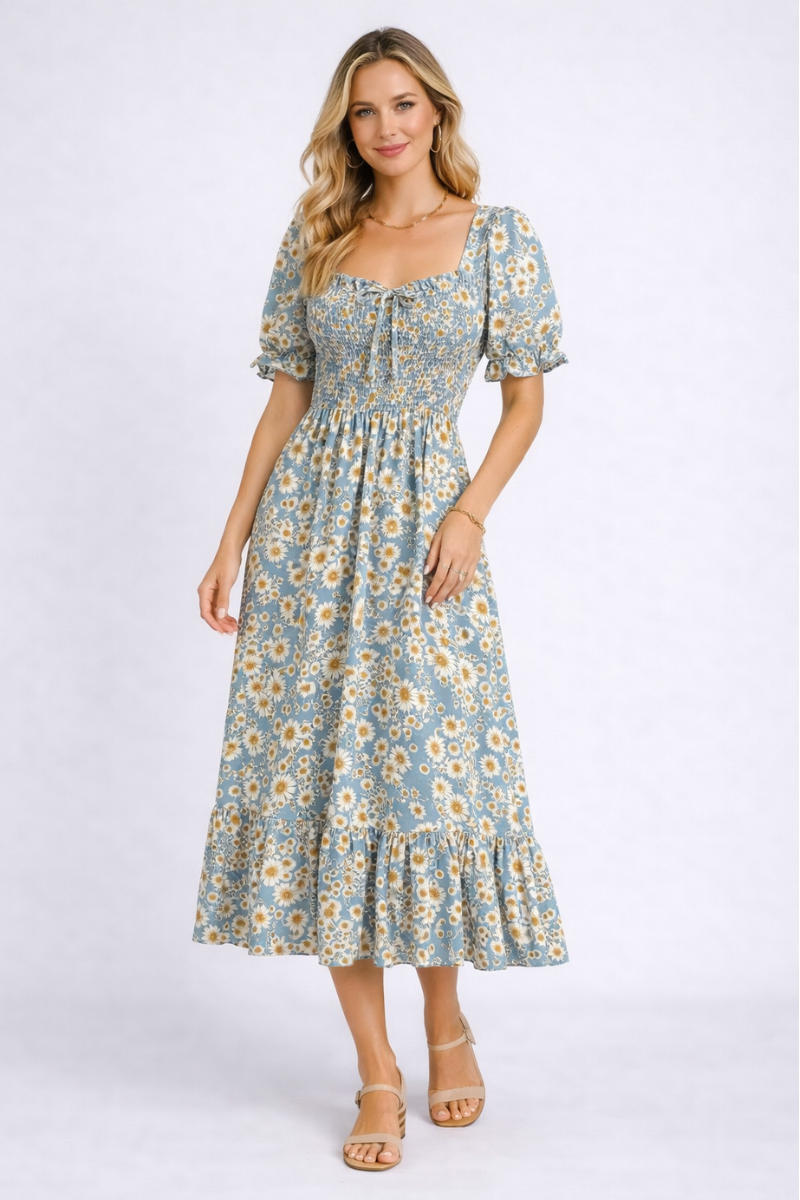 Chiffon A-Line Summer Dress for Women – Short Sleeve Pleated Casual Dress