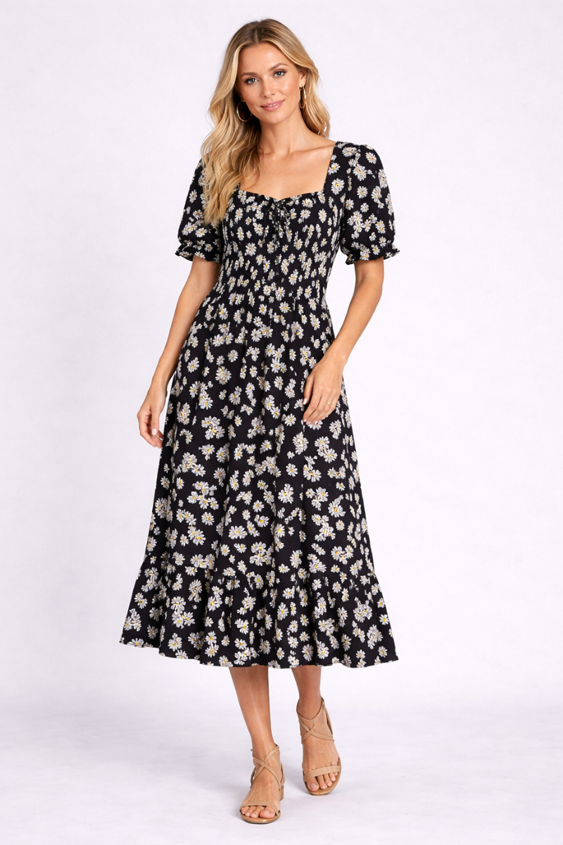 Chiffon A-Line Summer Dress for Women – Short Sleeve Pleated Casual Dress
