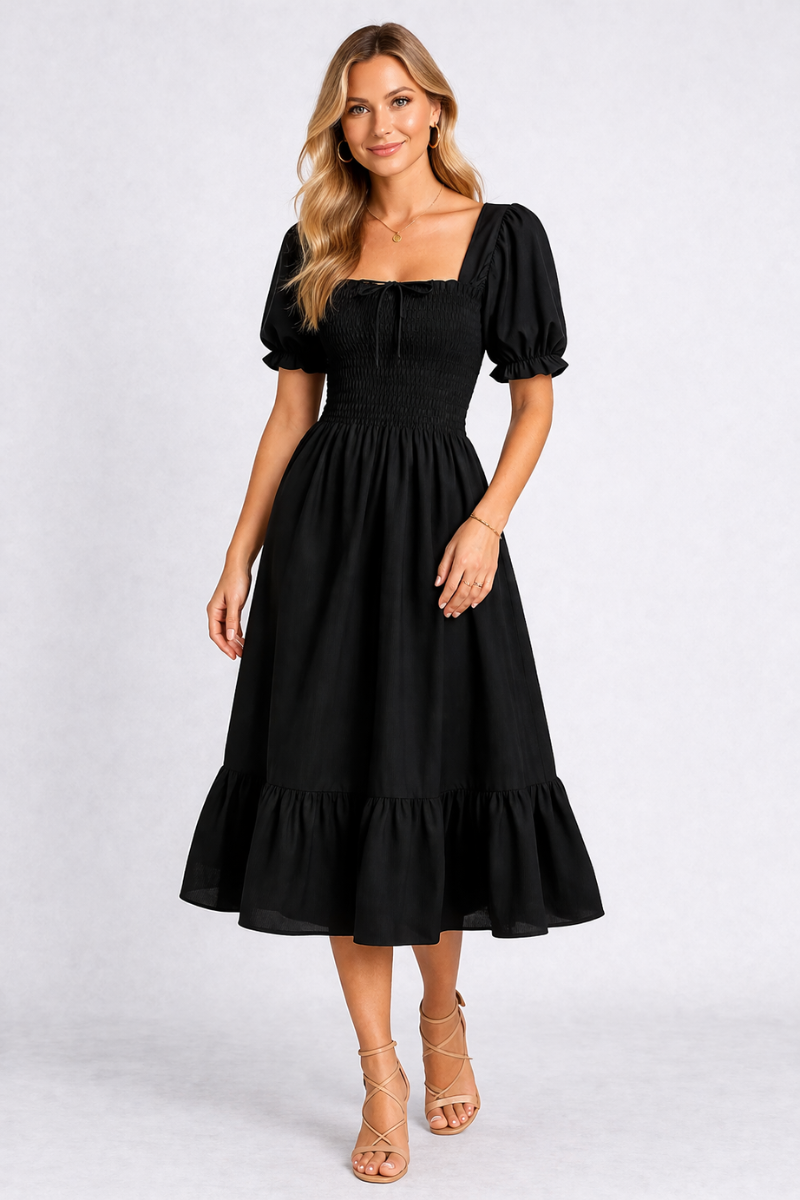 Chiffon A-Line Summer Dress for Women – Short Sleeve Pleated Casual Dress
