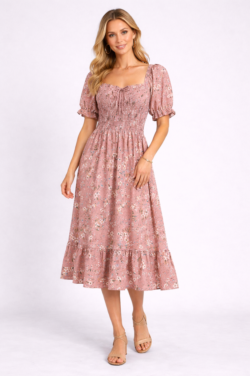 Chiffon A-Line Summer Dress for Women – Short Sleeve Pleated Casual Dress