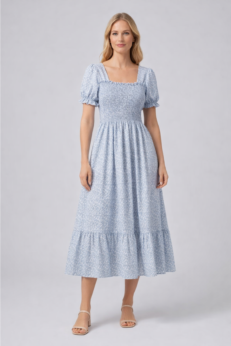 Chiffon A-Line Summer Dress for Women – Short Sleeve Pleated Casual Dress