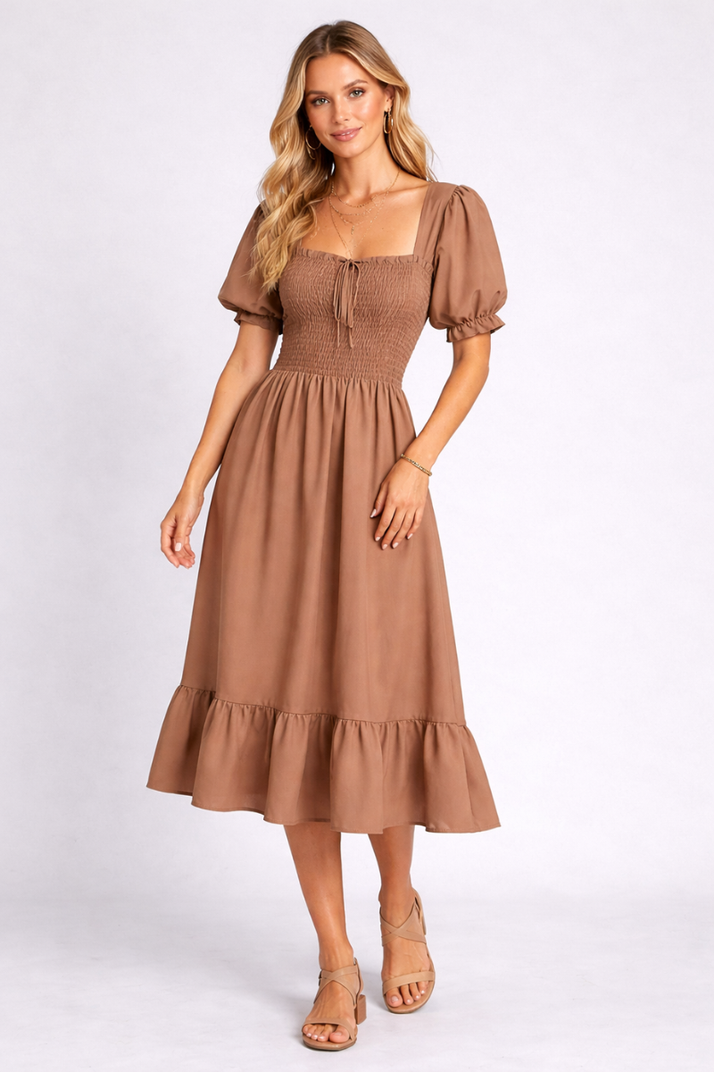 Chiffon A-Line Summer Dress for Women – Short Sleeve Pleated Casual Dress