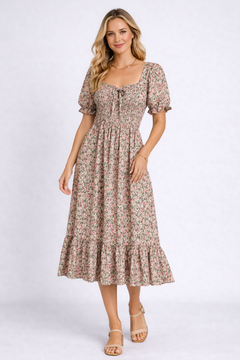 Chiffon A-Line Summer Dress for Women – Short Sleeve Pleated Casual Dress