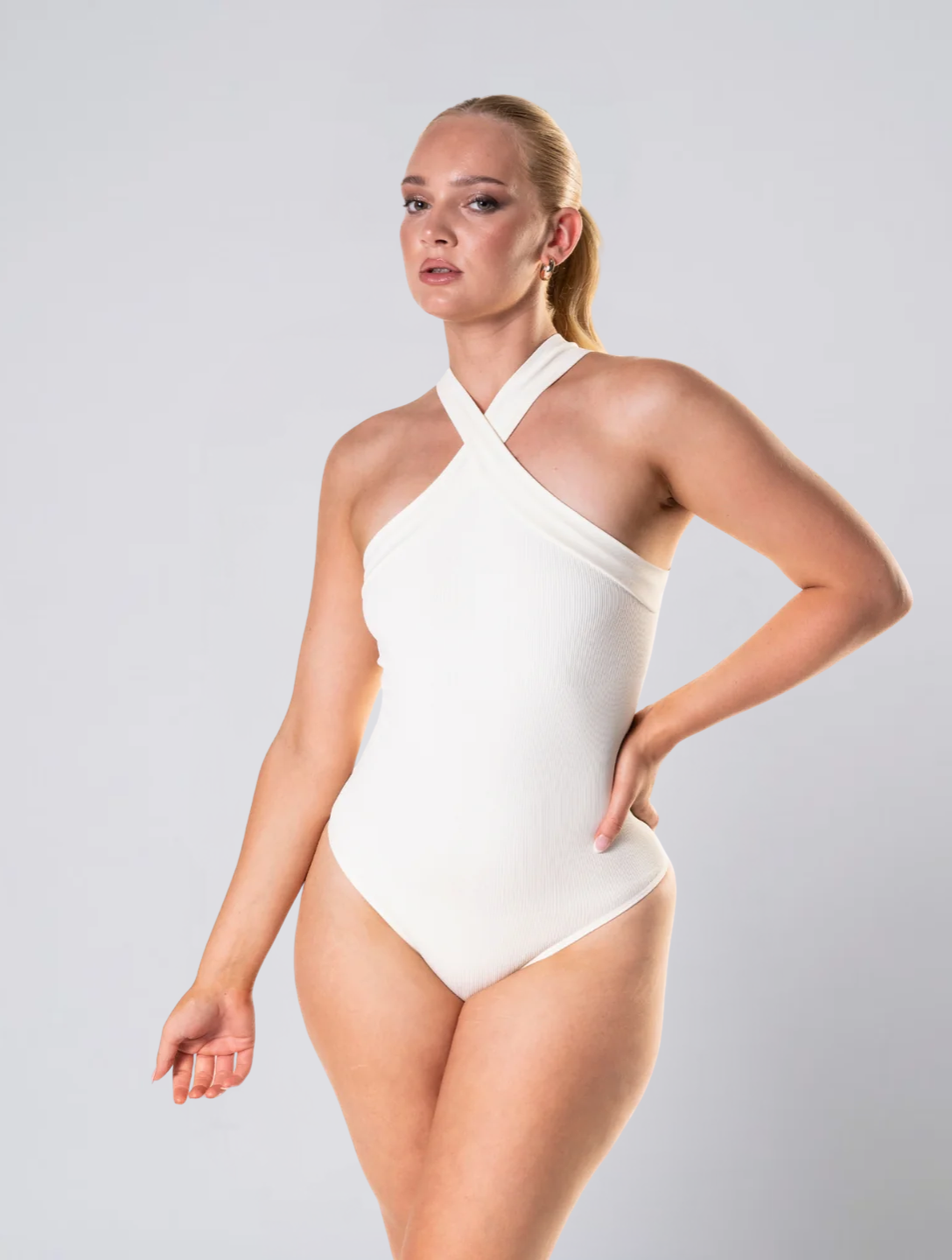 Seamless Crossover Halter Bodysuit for Women – Stretch Body with Open Shoulder Design