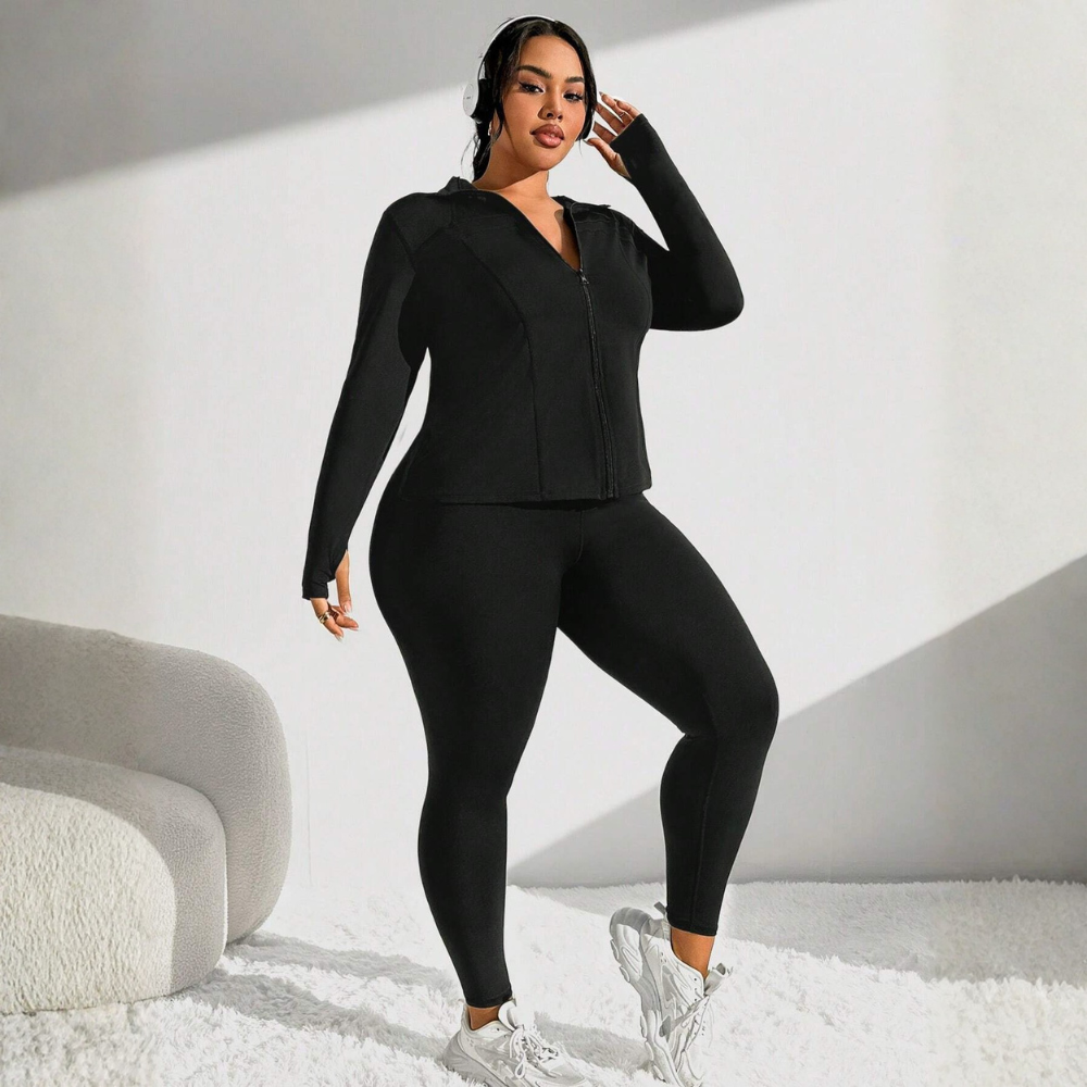 Plus Size 2 Piece Workout Set for Women – Zip Jacket with Thumb Holes and Leggings Activewear