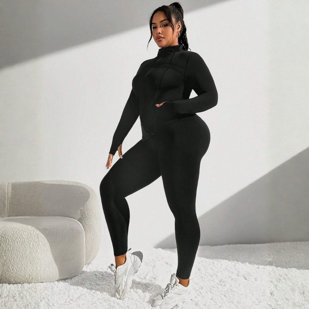 Plus Size 2 Piece Workout Set for Women – Zip Jacket with Thumb Holes and Leggings Activewear