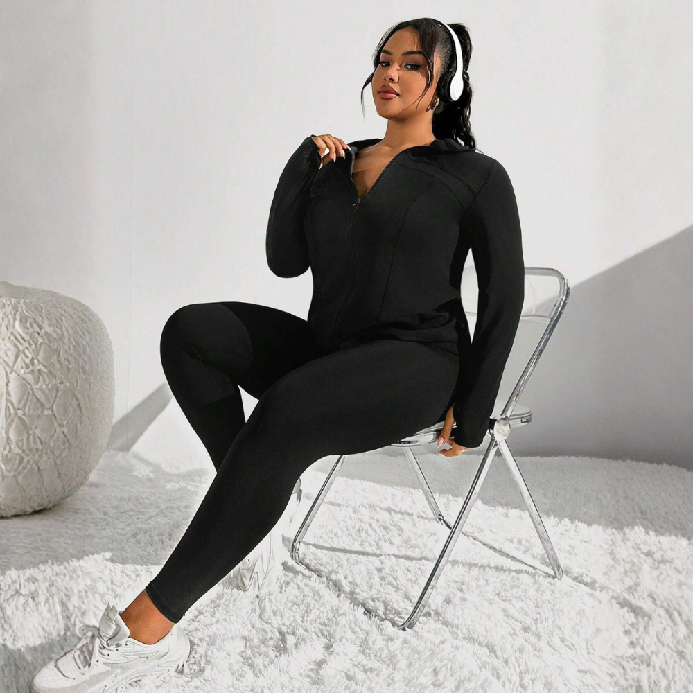 Plus Size 2 Piece Workout Set for Women – Zip Jacket with Thumb Holes and Leggings Activewear