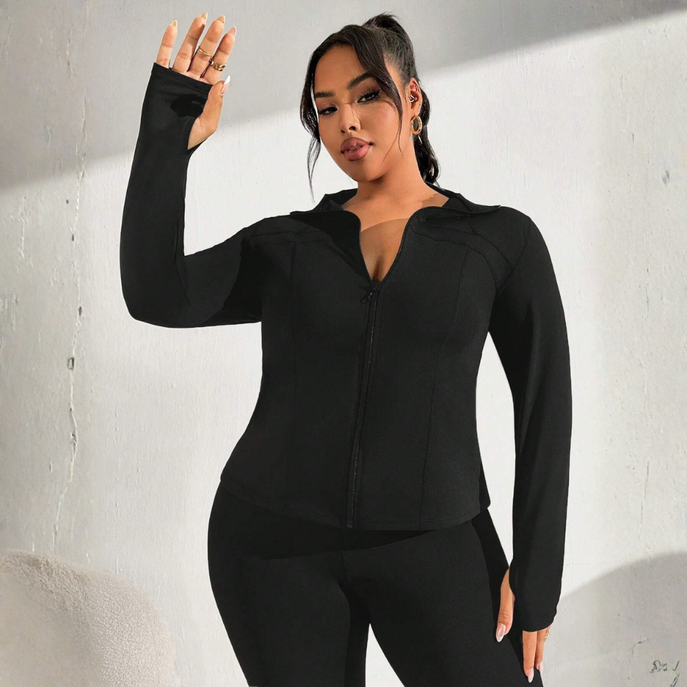 Plus Size 2 Piece Workout Set for Women – Zip Jacket with Thumb Holes and Leggings Activewear