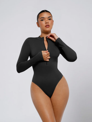 Seamless Zip Front Bodysuit for Women – Adjustable Neckline Stretch Body