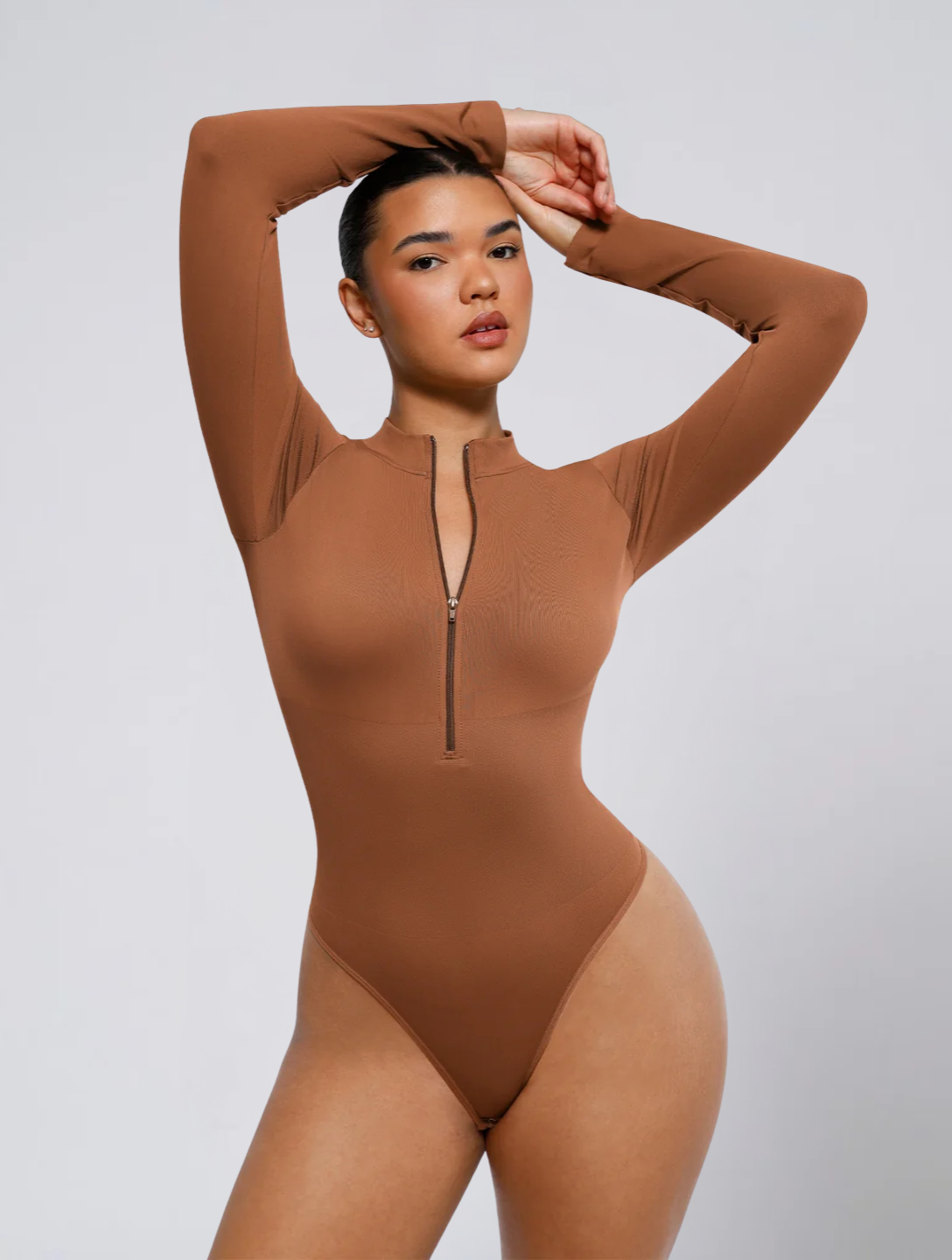 Seamless Zip Front Bodysuit for Women – Adjustable Neckline Stretch Body