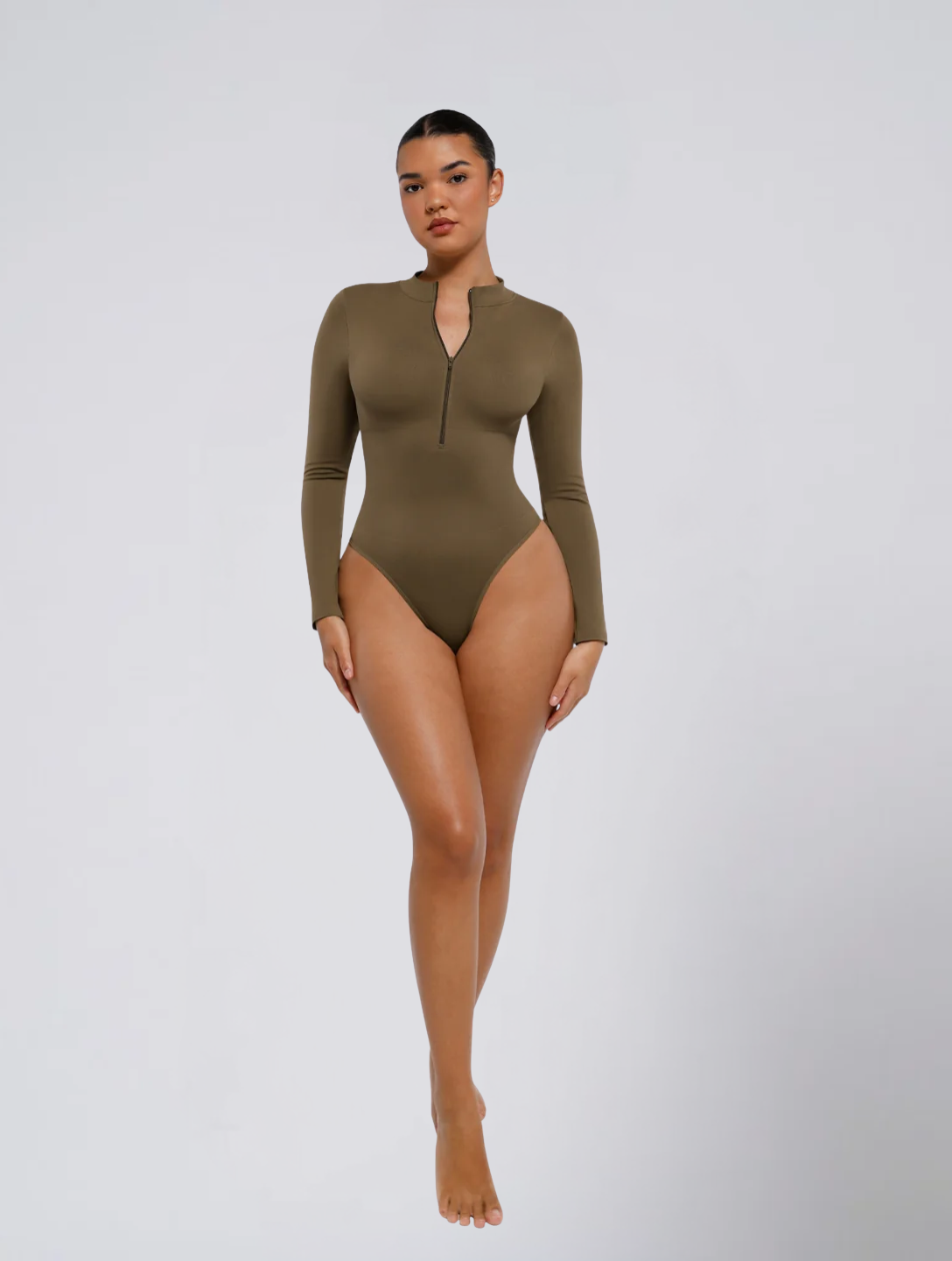 Seamless Zip Front Bodysuit for Women – Adjustable Neckline Stretch Body