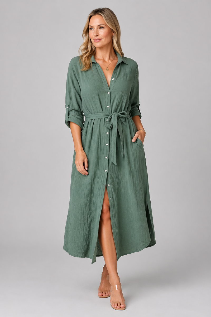 Elena Women's Muslin Maxi Dress - Khaki Casual Summer Dress