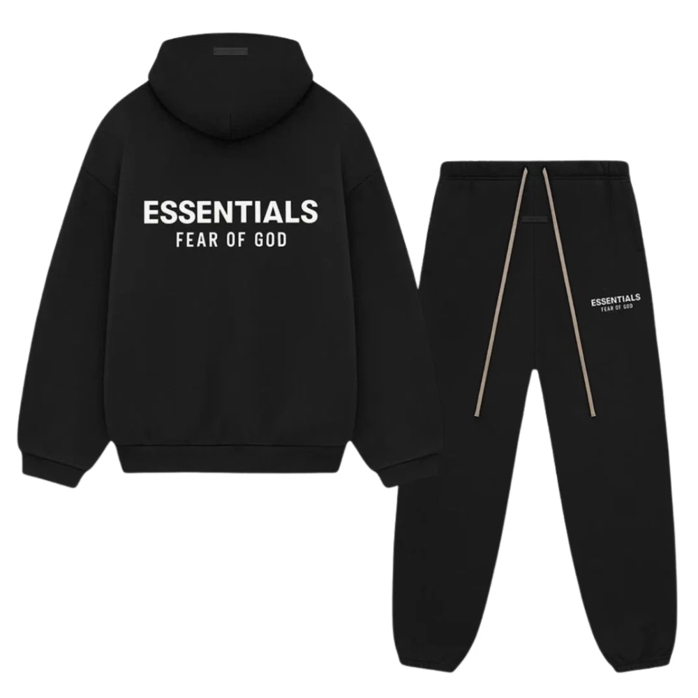 Fear of God Essentials FW24 Black Hoodie and Joggers Set with White Logo