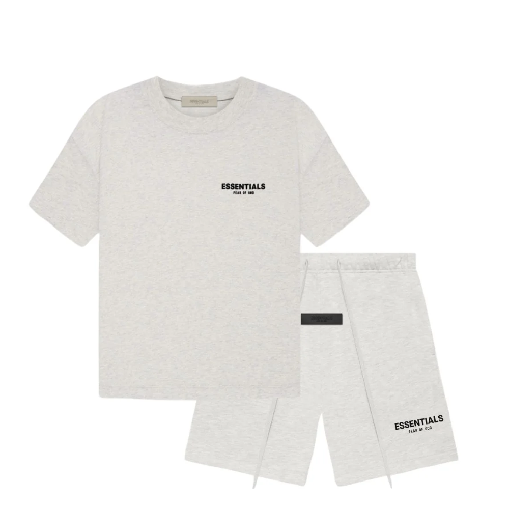 Fear of God Essentials Light Oatmeal Logo T-Shirt and Shorts Set