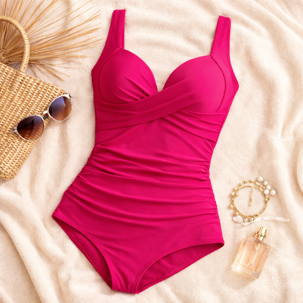 Ruched One Piece Swimsuit for Women – Solid Color Bathing Suit with Straps