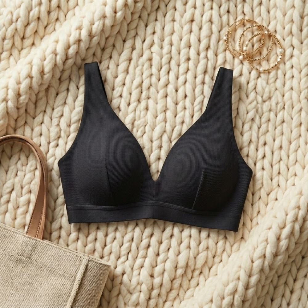 Ribbed Bralette for Women – Wireless V Neck Comfort Bra with Removable Pads