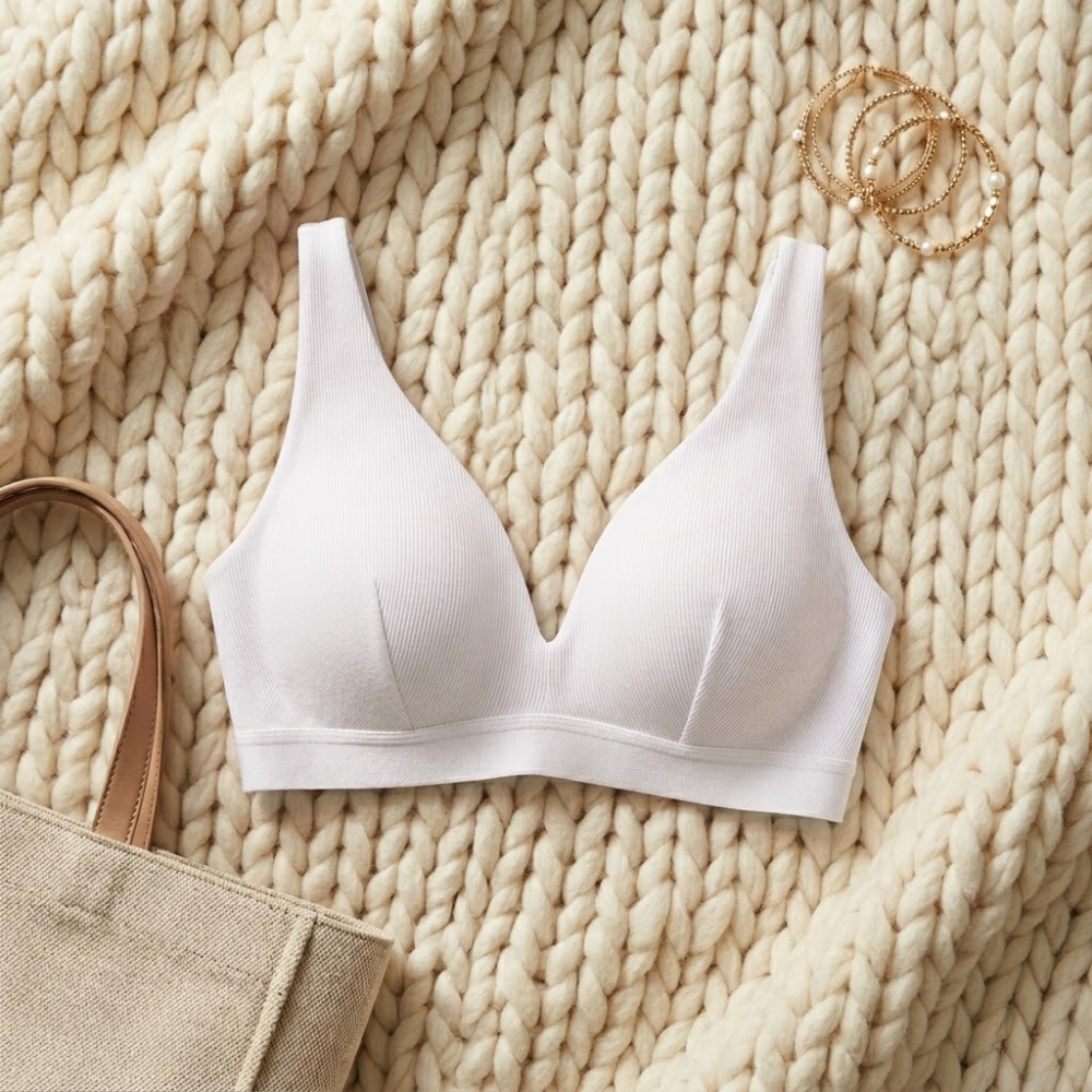 Ribbed Bralette for Women – Wireless V Neck Comfort Bra with Removable Pads