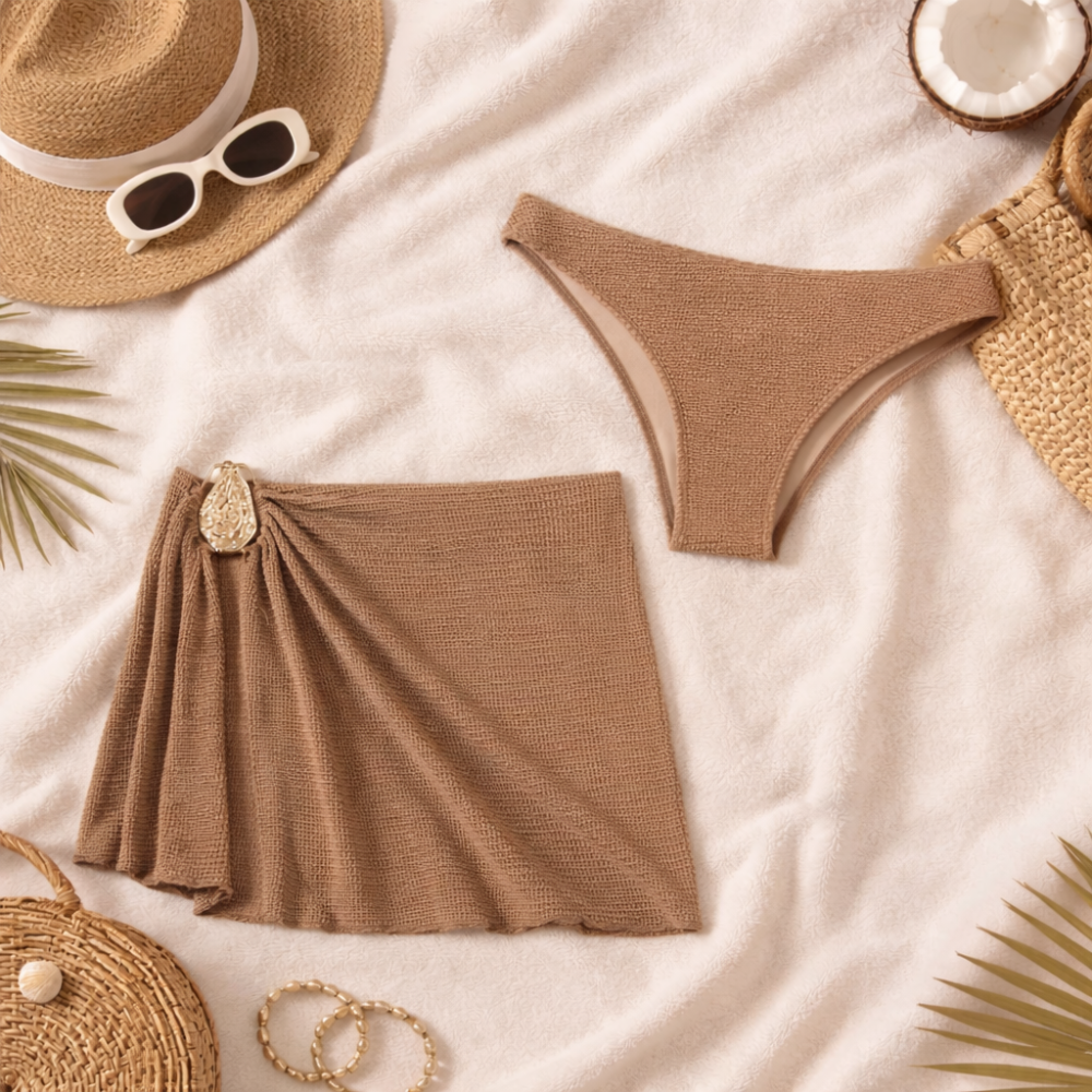 Ribbed Bandeau Bikini Set for Women – Three Piece High Waist Strapless Swimwear