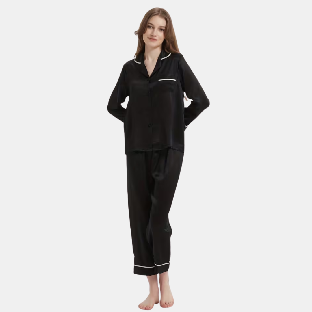 Striped Satin Pyjama Set for Women – Long Sleeve Button Up Two Piece Sleepwear